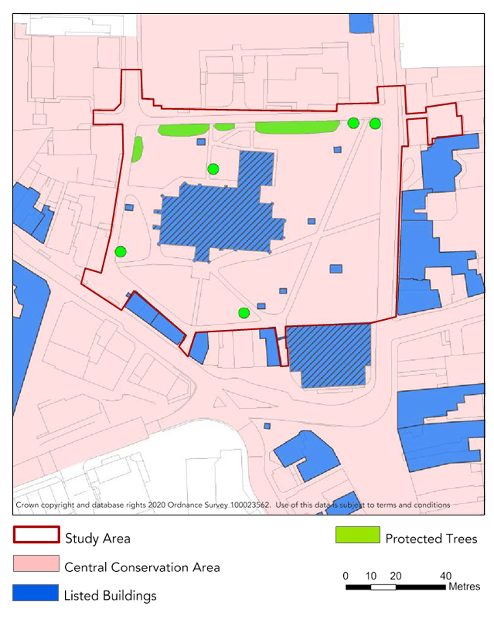 Map showing study area, as well as nearly listed buildings, protected trees and central conservation area