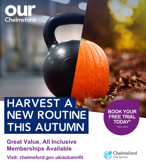 Split image of half a black kettle bell and half an orange pumpkin sat amongst autumn leaves. Text reads: Harvest a new routine this autumn, book your free trial today.