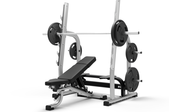 A slightly raised foam padded bench with a separate flat-laying foam padded seat. At the base of each side are adjustors for height and incline. Above this is a barbell weight rack.