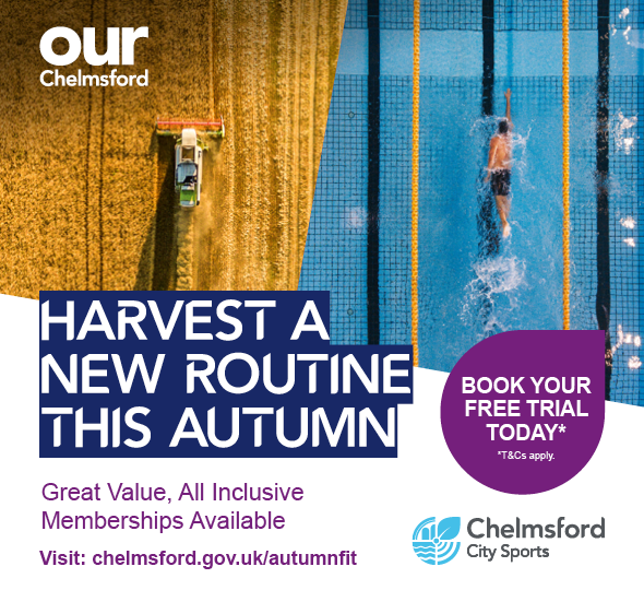 A split image showing similar scenes. On the left is a tractor harvesting a field. On the right is a person swimming through a laned pool. Text reads "Harvest a New Routine This Autumn. Great Value, All Inclusive Memberships Available. Book your free trial today* *T&Cs apply". In the top left and bottom right corners are logos for ourChelmsford and Chelmsford City Sports.