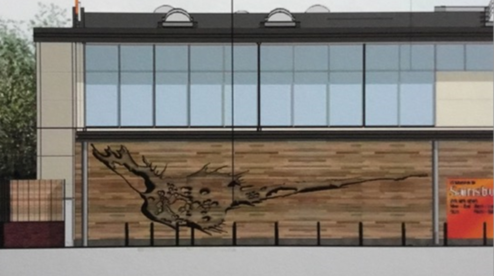 Timber-clad relief on the side of a building