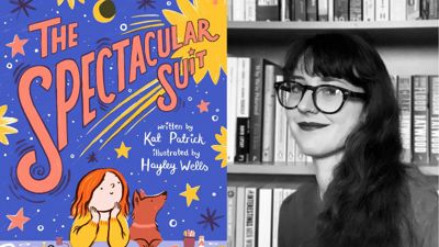 Illustrator Hayley Wells alongside the cover of their book, The Spectacular Suit. 