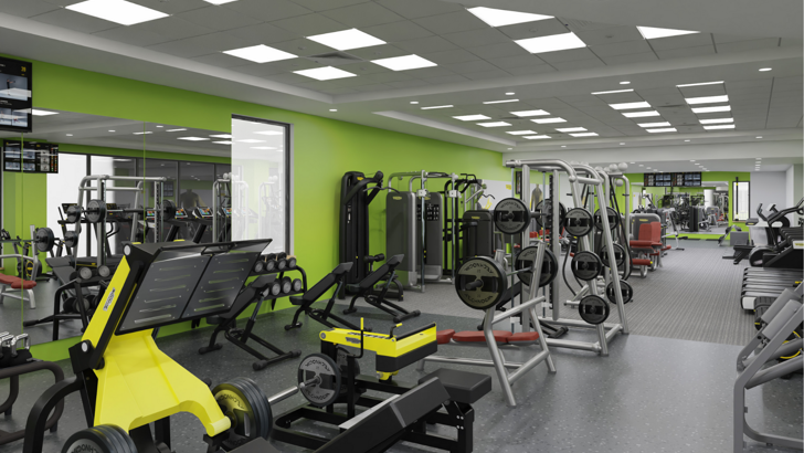 A digitally rendered image of how the CSAC gym should look once refurbished, showing rows of weights machines and a free weights area against a mirrored wall. The room is brightly lit with large square downlights.