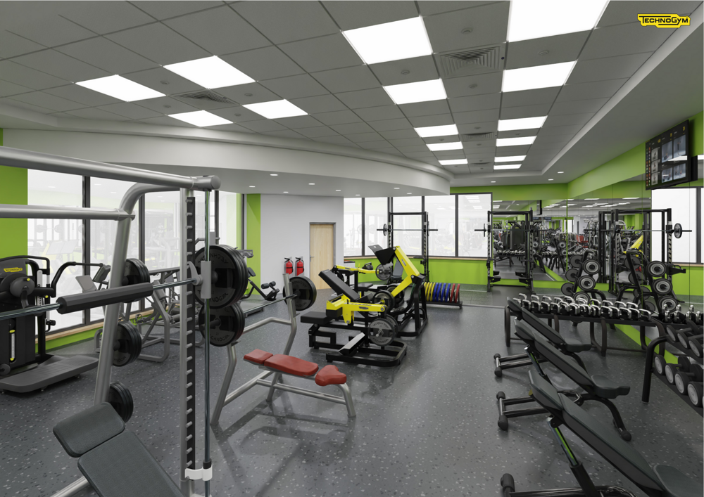 A digitally rendered image of how the CSAC gym should look once refurbished, showing rows of weights machines, benches and weight racks next to a range of free weights including dumbbells and kettle bells against a mirrored wall. The area is brightly lit with large square downlights.