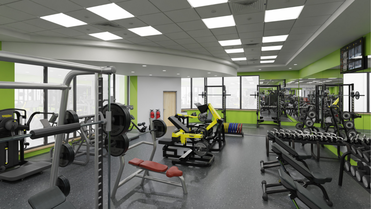 A digitally rendered image of how the CSAC gym should look once refurbished, showing rows of weights machines, benches and weight racks next to a range of free weights including dumbbells and kettle bells against a mirrored wall. The area is brightly lit with large square downlights.
