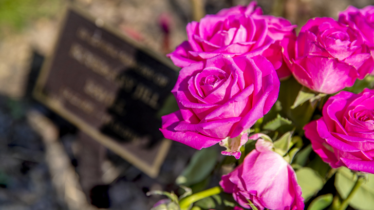 Small plaque with bunch of pink roses beside it