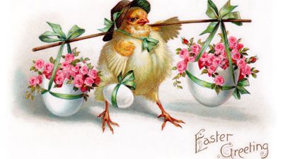 A vintage drawing of a chick in a hat carrying flowers in egg shells.