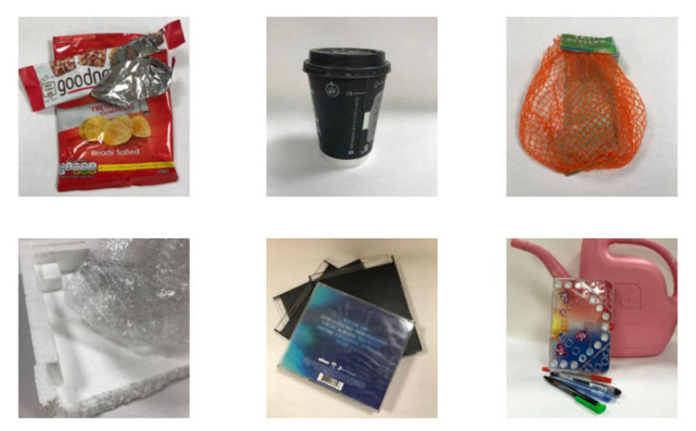 A collection of plastic items we can't recycle, including crisp wrappers, wax-coated coffee cups, bubble wrap and hard plastics