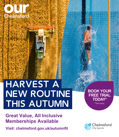 Split image of a combine harvester threshing a golden field nest to image of a swimmer swimming along lanes in a swimming pool. Text reads: Harvest a new routine this autumn, book your free trial today.