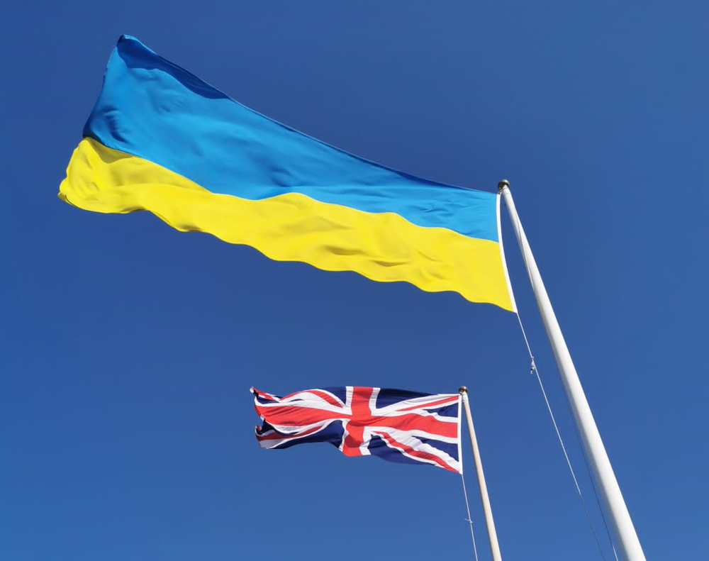 Ukrainian flag flying alongside Union flag above the Civic Centre