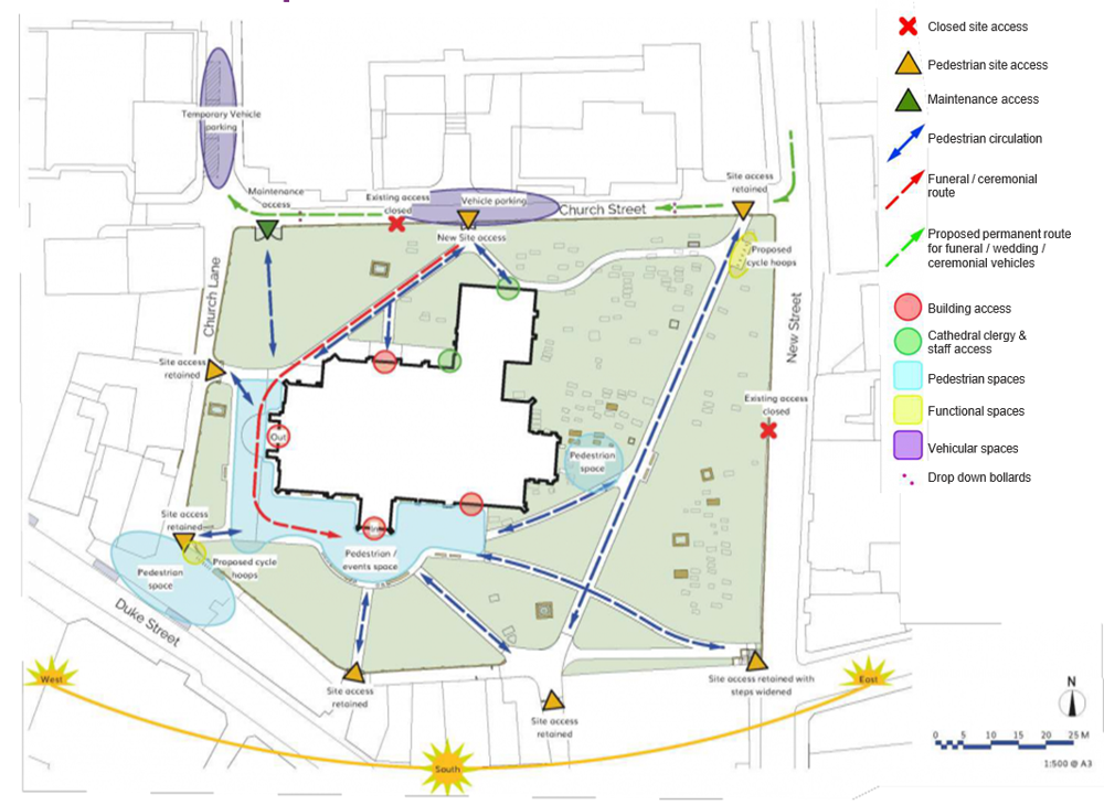 Map showing pedestrian and vehicle routes around the site