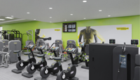 A digitally rendered image of how the CSAC gym should look once refurbished, showing two rows of various cycle machines against a light green wall and in the centre of the room, alongside various weights machines. The ceiling is dotted with downlights. preview