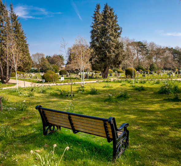 Benches scattered around the cemetery grounds