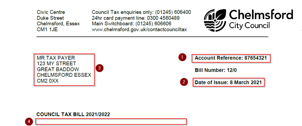 Top part of Council Tax bill, showing account number, address and date of issue