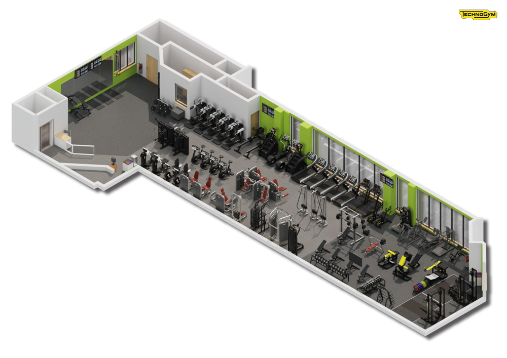 A digitally rendered floor plan of how the CSAC gym should look once refurbished. The left shows a large entry area. This leads into a long rectangular room with three rows of machines and free weights equipment: 2 against the walls and 1 down the centre. The upper wall is lined with full-length windows. The machines vary from cardio machines to weights and resistance machines into a free weights area on the right end, which features benches and lifting platforms and a range of free weights.