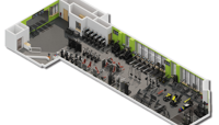A digitally rendered floor plan of how the CSAC gym should look once refurbished. The left shows a large entry area. This leads into a long rectangular room with three rows of machines and free weights equipment: 2 against the walls and 1 down the centre. The upper wall is lined with full-length windows. The machines vary from cardio machines to weights and resistance machines into a free weights area on the right end, which features benches and lifting platforms and a range of free weights. preview