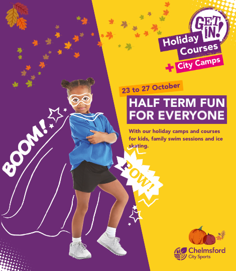 A child in sports gear with doodles around them of a mask and cape, crown, and comic hero sounds "Boom!" and "Pow!". Autumn leaves also fly across a split yellow and purple background. Text reads "This October: Half term fun for everyone, from our holiday camps and courses to creche, soft play, teen gym, family swim and ice skating".