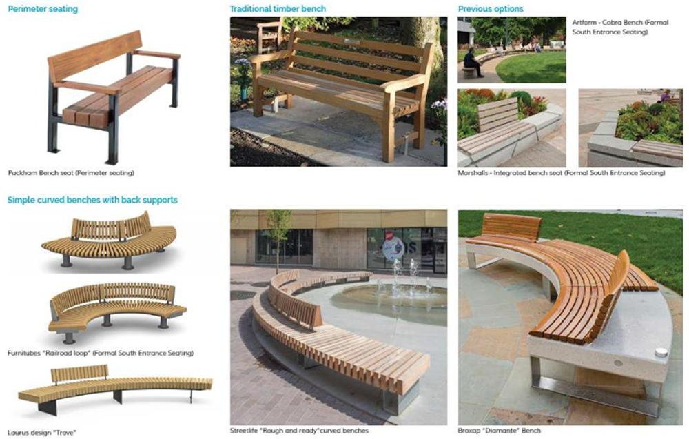 Potential bench designs, including perimeter seating, traditional timber bench, and simple curved benches with back supports