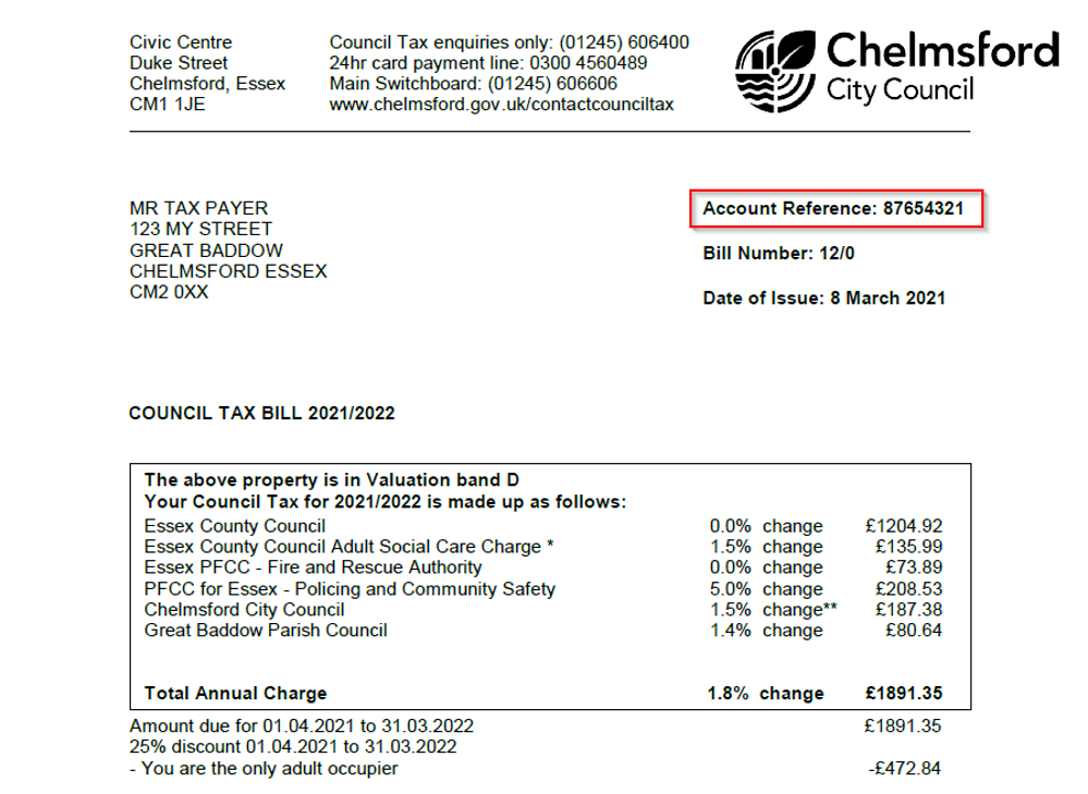 Top part of Council tax bill, showing account number in top right corner