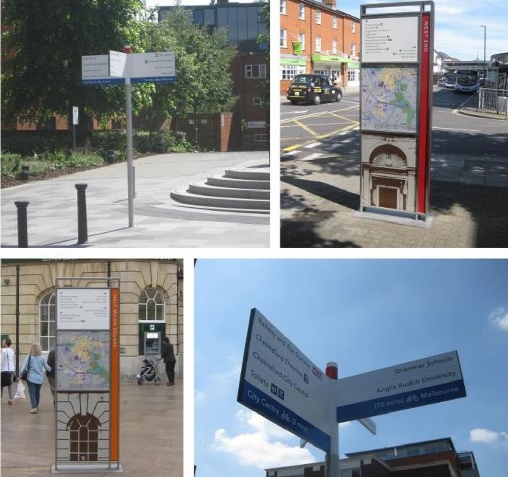 Examples of wayfinding signs located across Chelmsford city centre, including fingerpost signs and maps