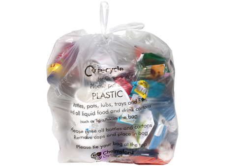 Clear plastic sack full of items to be recycled