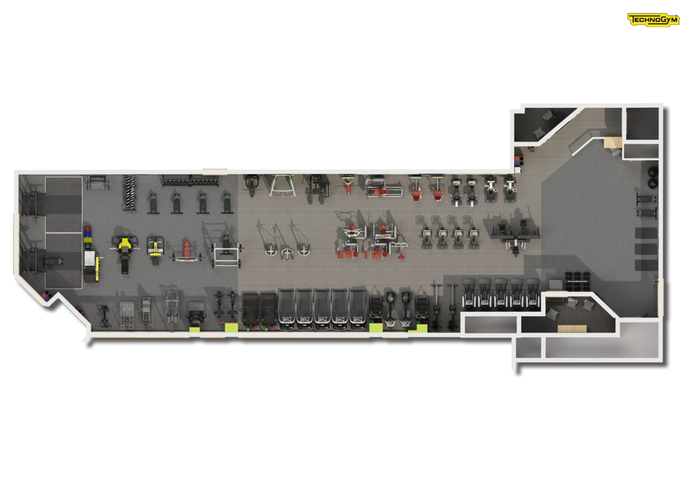 A digitally rendered floor plan of how the CSAC gym should look once refurbished. The right shows a large entry area. This leads into a long rectangular room with three rows of machines and free weights equipment: 2 against the walls and 1 down the centre. The bottom wall is lined with full-length windows. The machines vary from cardio machines to weights and resistance machines into a free weights area on the left end, which features benches and lifting platforms and a range of free weights.