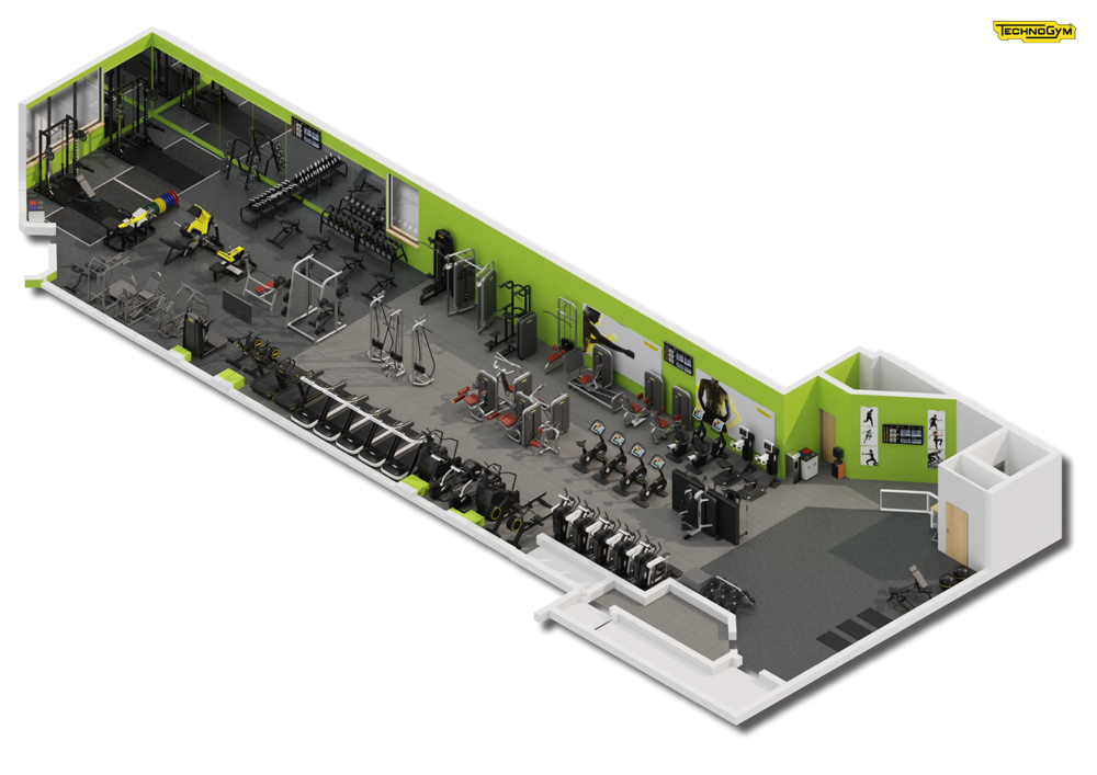 A digitally rendered floor plan of how the CSAC gym should look once refurbished. The right shows a large entry area. This leads into a long rectangular room with three rows of machines and free weights equipment: 2 against the walls and 1 down the centre. The machines vary from cardio machines to weights and resistance machines into a free weights area on the left end, which features benches and lifting platforms and a range of free weights.