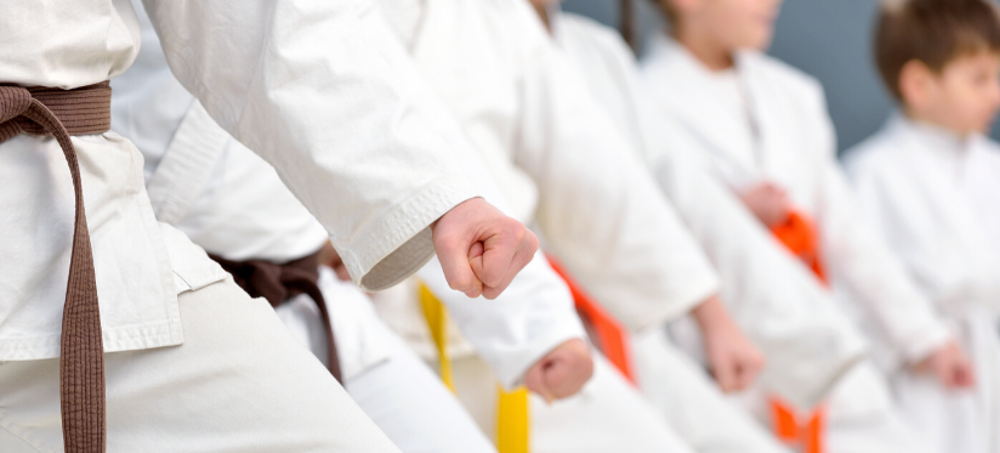 Children lined up wearing white karate suits with various colours of belt
